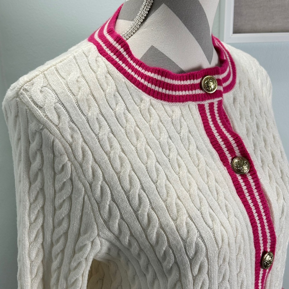 Marled Cream & Pink Cardigan Sweater Women's Small Cable Knit Gold Buttons - Picture 4 of 8